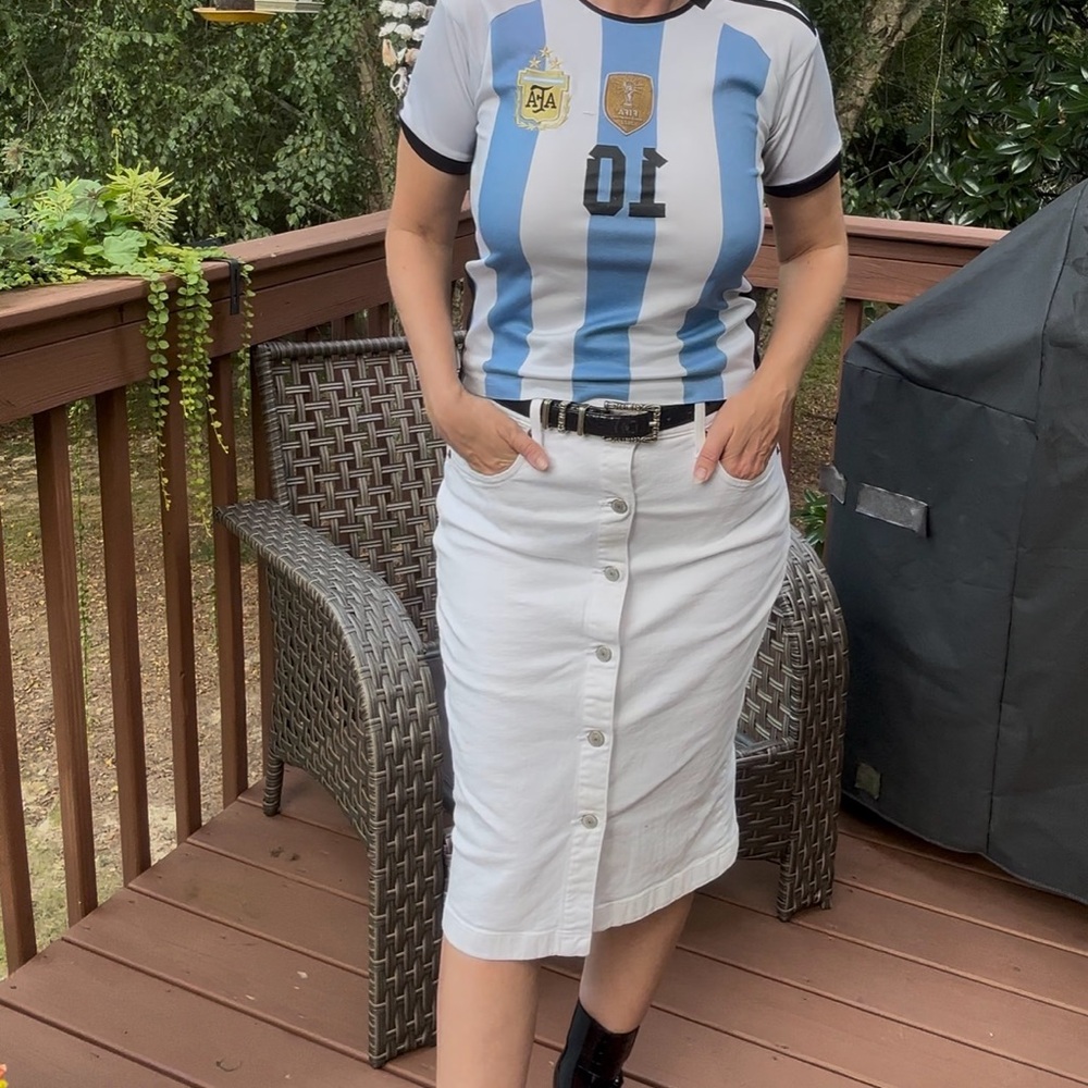 Polo Ralph Lauren White Button-Front Denim Midi Skirt | Size 8